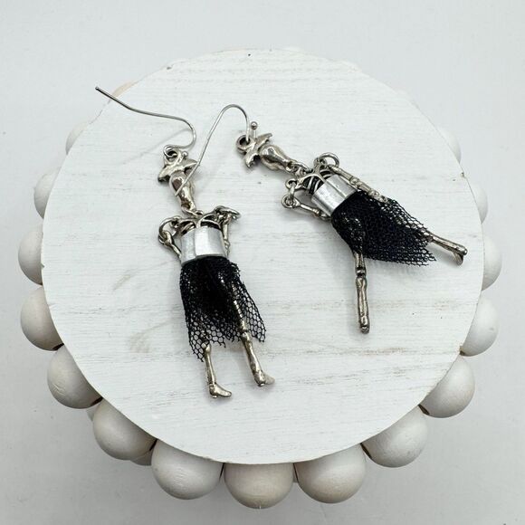 Halloween Skeleton Earrings Goth Girl Tulle Skirt Bat Red Rhinestone Silver Tone - Picture 5 of 7